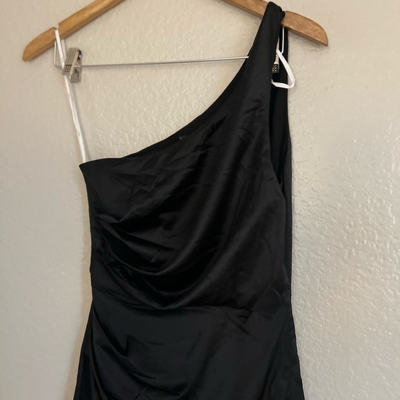 Dreaming of Elegance Black Satin One-Shoulder Maxi Dress - Picture 4 of 7